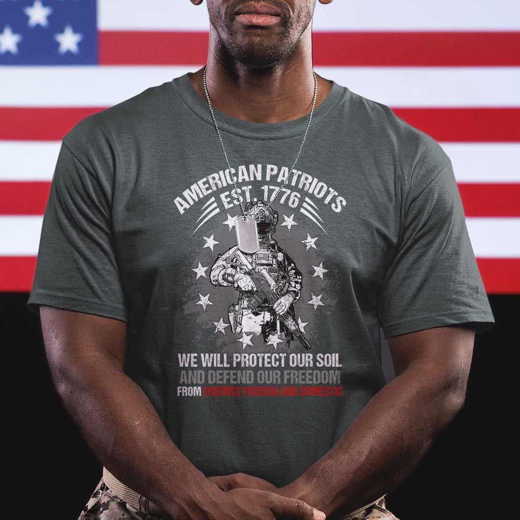 American Patriotic T Shirt We Will Protect Our Soil And Defend Our Freedom Est 1776 US Warriors TS02 Dark Heather Print Your Wear
