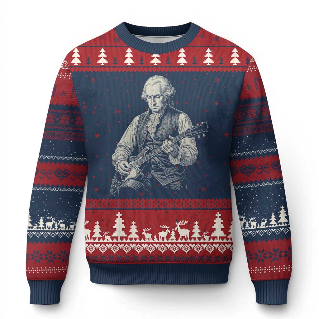 George Washington Rock Star Portrait Ugly Christmas Sweater Funny Electric Guitar Player Founding Father Patriotic Graphic TS02 Navy Red Print Your Wear