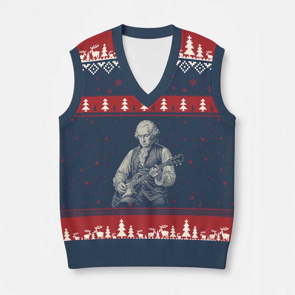 George Washington Rock Star Portrait V-Neck Knit Sweater Vest Funny Electric Guitar Player Founding Father Patriotic Graphic TS02 Navy Red Print Your Wear