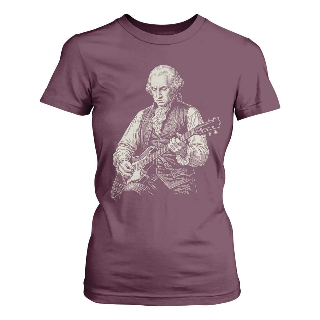 George Washington Rock Star Portrait T Shirt For Women Funny Electric Guitar Player Founding Father Patriotic Graphic