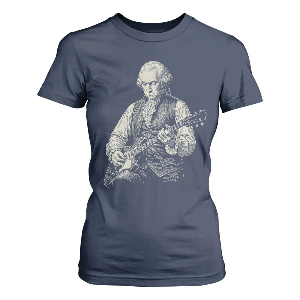 George Washington Rock Star Portrait T Shirt For Women Funny Electric Guitar Player Founding Father Patriotic Graphic