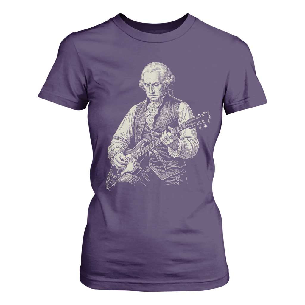 George Washington Rock Star Portrait T Shirt For Women Funny Electric Guitar Player Founding Father Patriotic Graphic