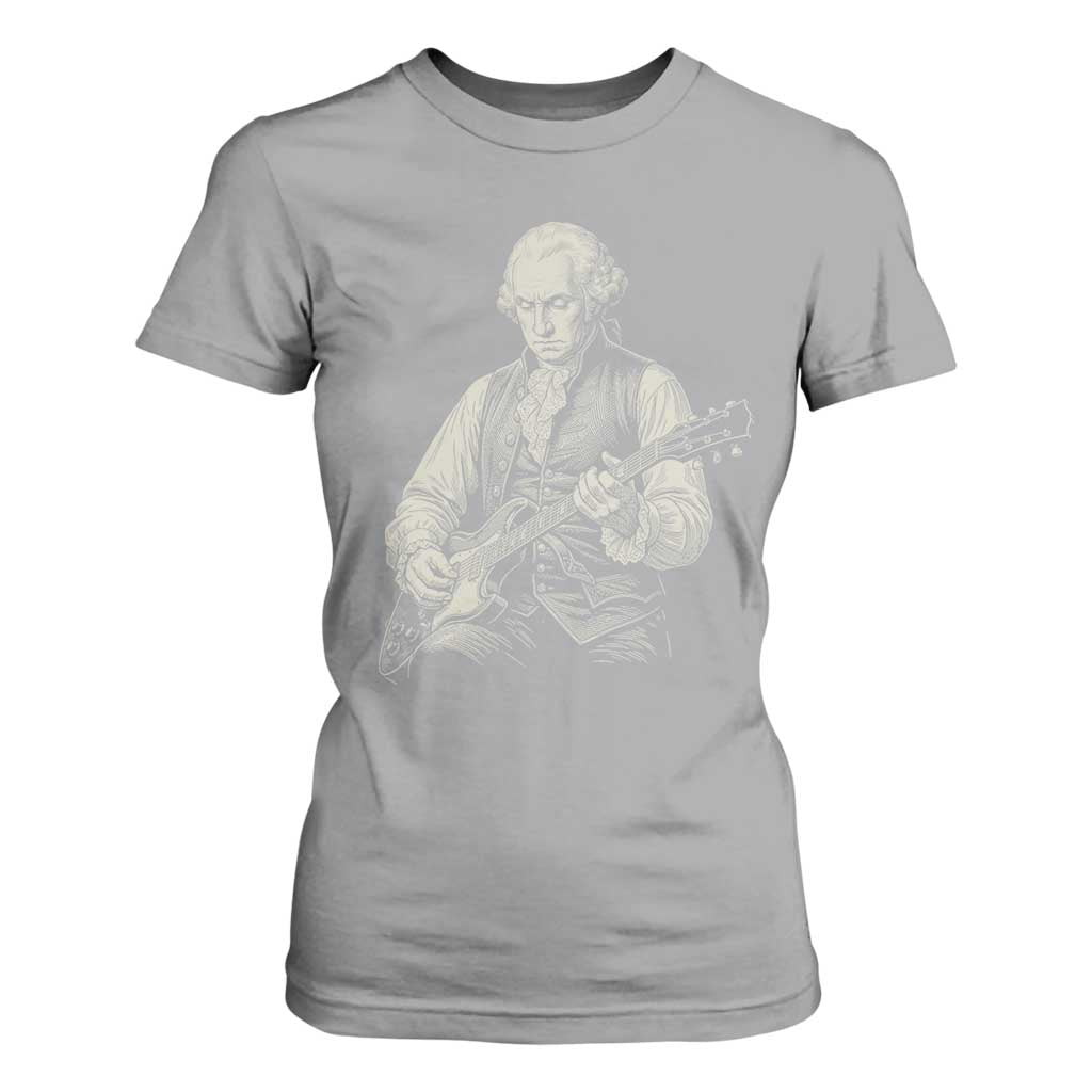 George Washington Rock Star Portrait T Shirt For Women Funny Electric Guitar Player Founding Father Patriotic Graphic