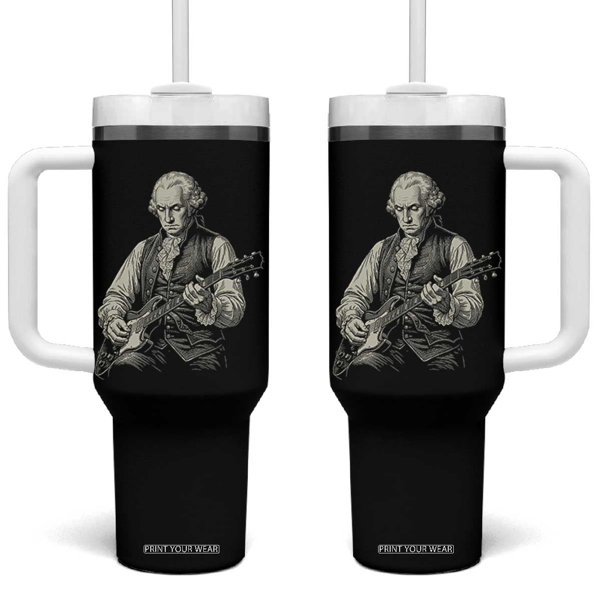 George Washington Rock Star Portrait Tumbler With Handle Funny Electric Guitar Player Founding Father Patriotic Graphic