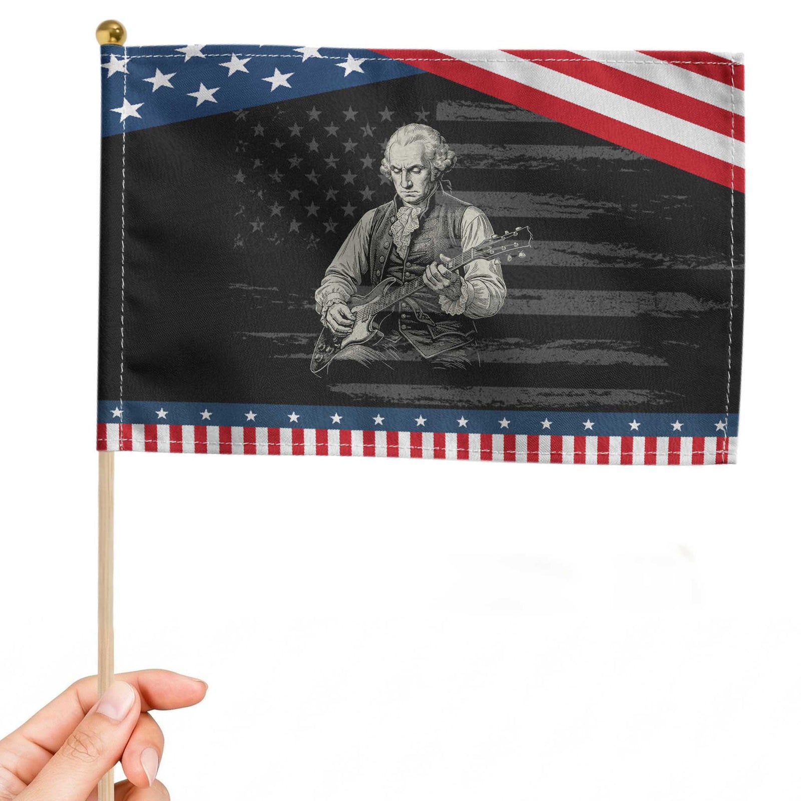 George Washington Rock Star Portrait Patriotic Handheld Flag Funny Electric Guitar Player Founding Father Graphic TS02 Distressed 8.2