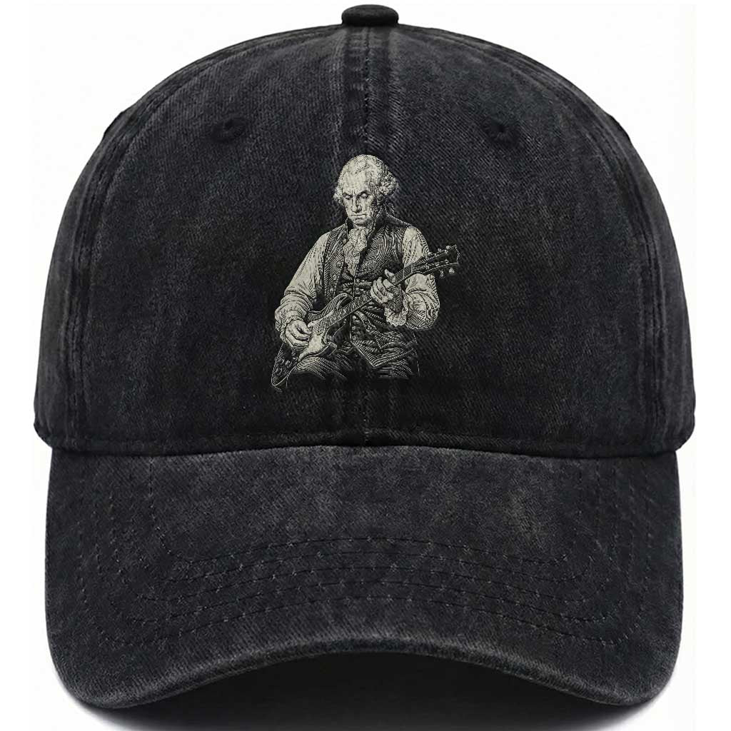 George Washington Rock Star Portrait Washed Cotton Baseball Cap Funny Electric Guitar Player Founding Father Patriotic Graphic TS02 Print Your Wear