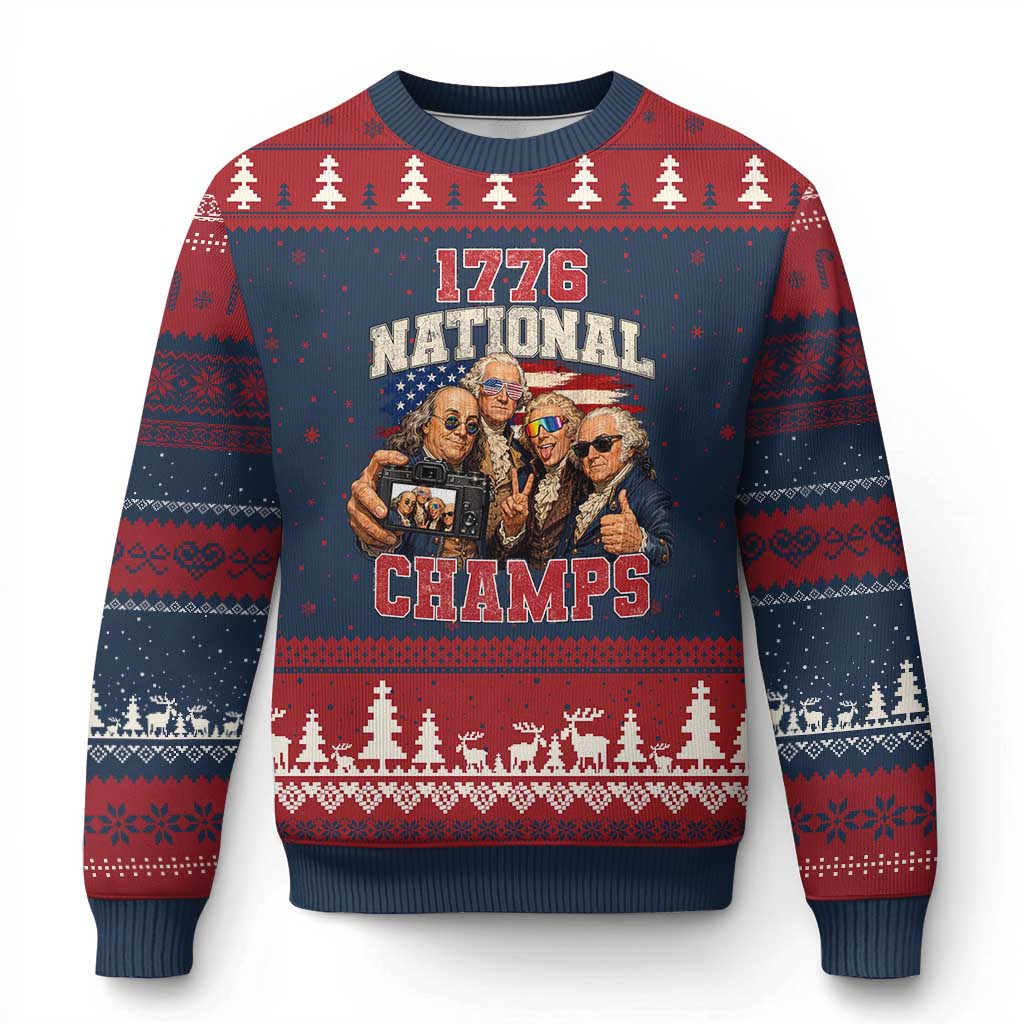 1776 National Champs Funny Founding Fathers Selfie Graphic Ugly Christmas Sweater George Washington and Ben Franklin Cool Sunglasses Patriotic TS02 Navy Red Print Your Wear