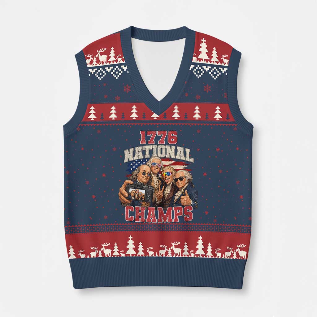 1776 National Champs Funny Founding Fathers Selfie Graphic V-Neck Knit Sweater Vest George Washington and Ben Franklin Cool Sunglasses Patriotic