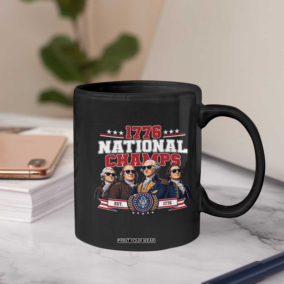 1776 National Champs Est 1776 Vintage Seal Coffee Mug Funny Cool Sunglasses Presidents and Founding Fathers Sports Style Patriotic