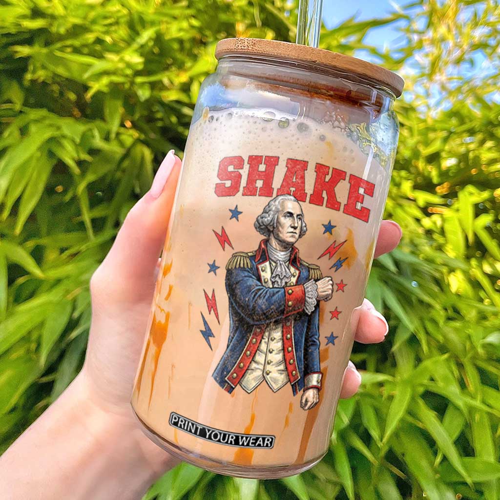 Shake Funny George Washington Patriotic Graphic Matching Glass Can Vintage Founding Father Distressed Stars and Lightning Bolts Dynamic Duo