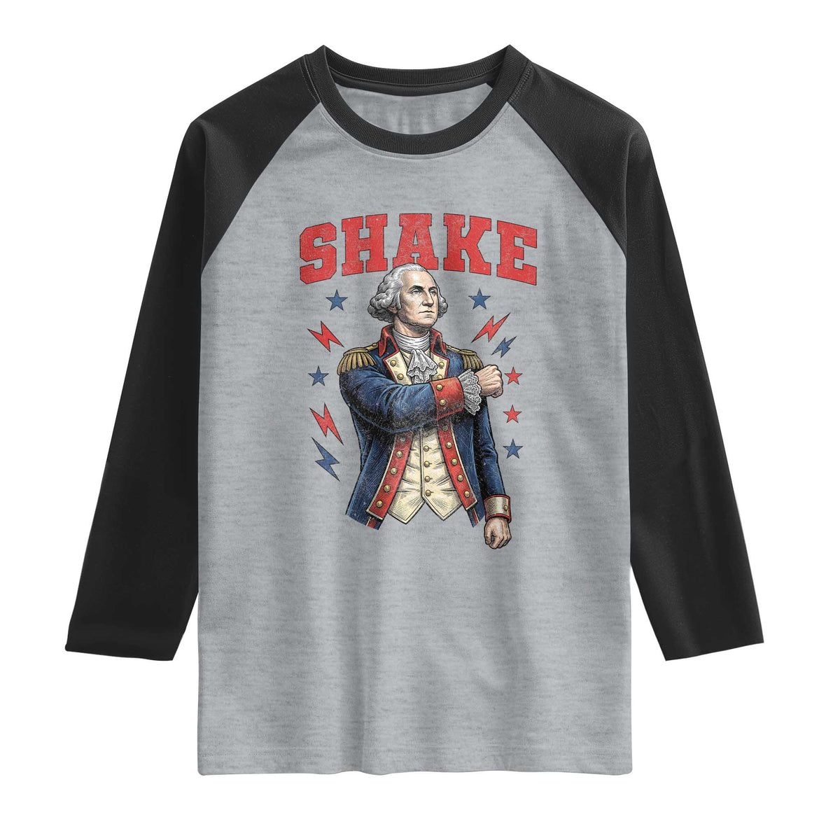 Shake Funny George Washington Patriotic Graphic Matching Raglan Shirt Vintage Founding Father Distressed Stars and Lightning Bolts Dynamic Duo