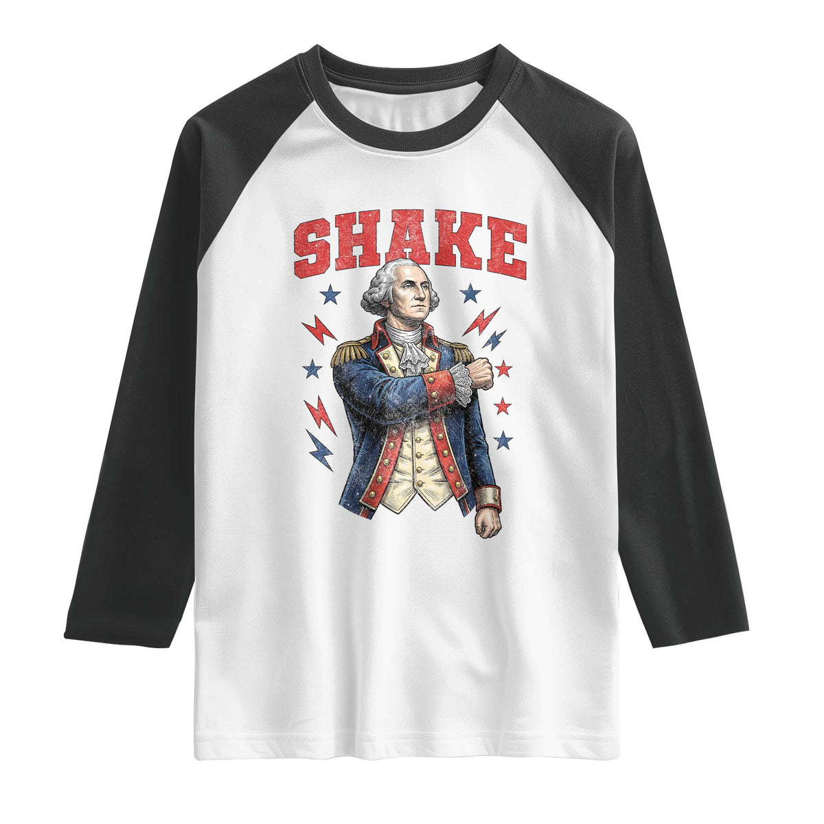 Shake Funny George Washington Patriotic Graphic Matching Raglan Shirt Vintage Founding Father Distressed Stars and Lightning Bolts Dynamic Duo