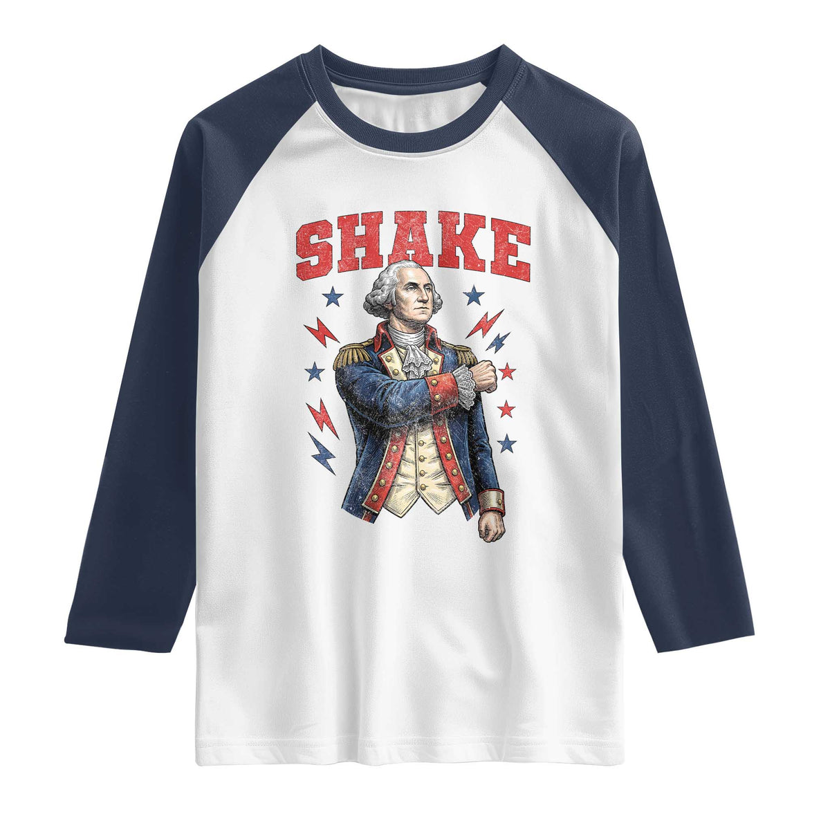 Shake Funny George Washington Patriotic Graphic Matching Raglan Shirt Vintage Founding Father Distressed Stars and Lightning Bolts Dynamic Duo