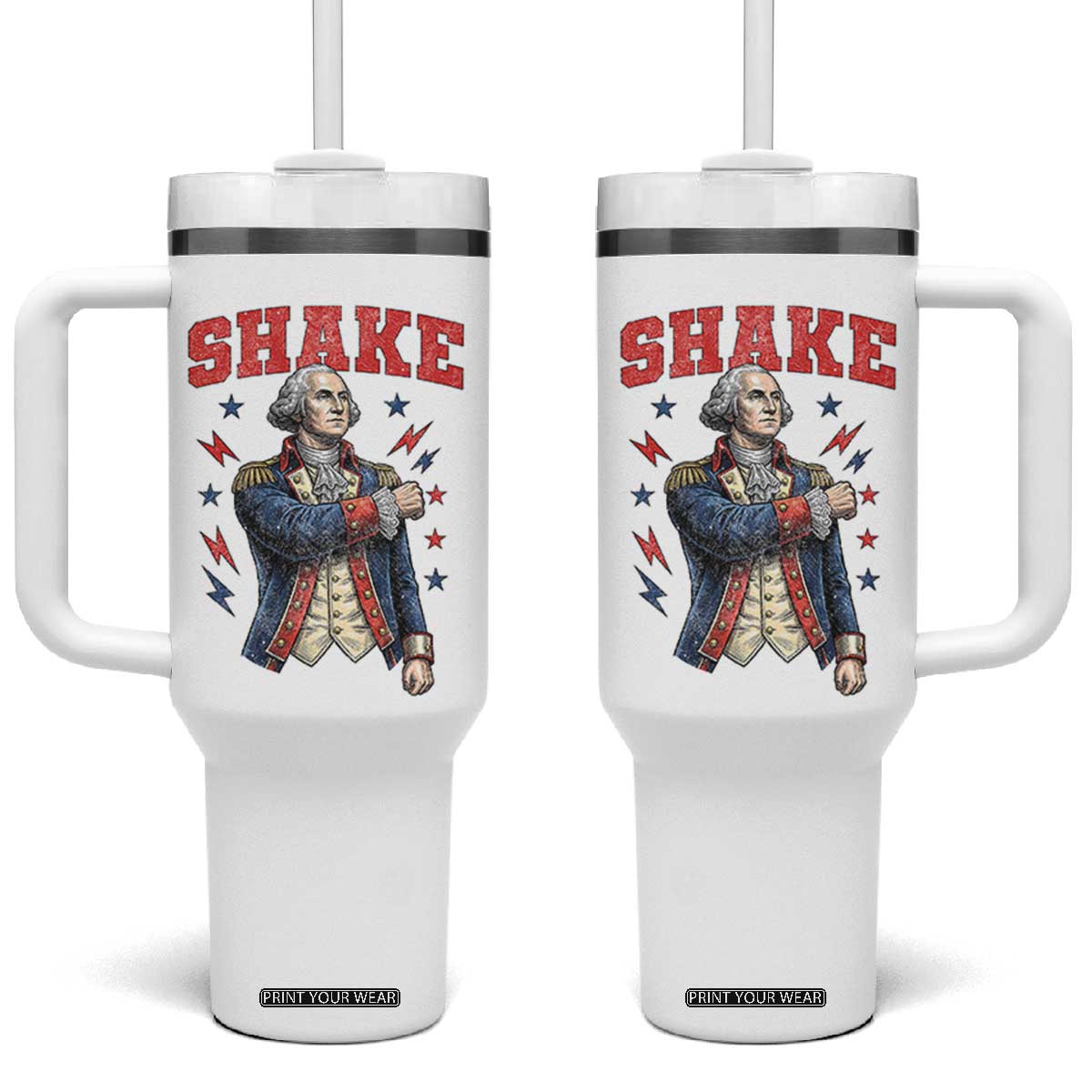 Shake Funny George Washington Patriotic Graphic Matching Tumbler With Handle Vintage Founding Father Distressed Stars and Lightning Bolts Dynamic Duo TS02 One Size: 40 oz White Print Your Wear