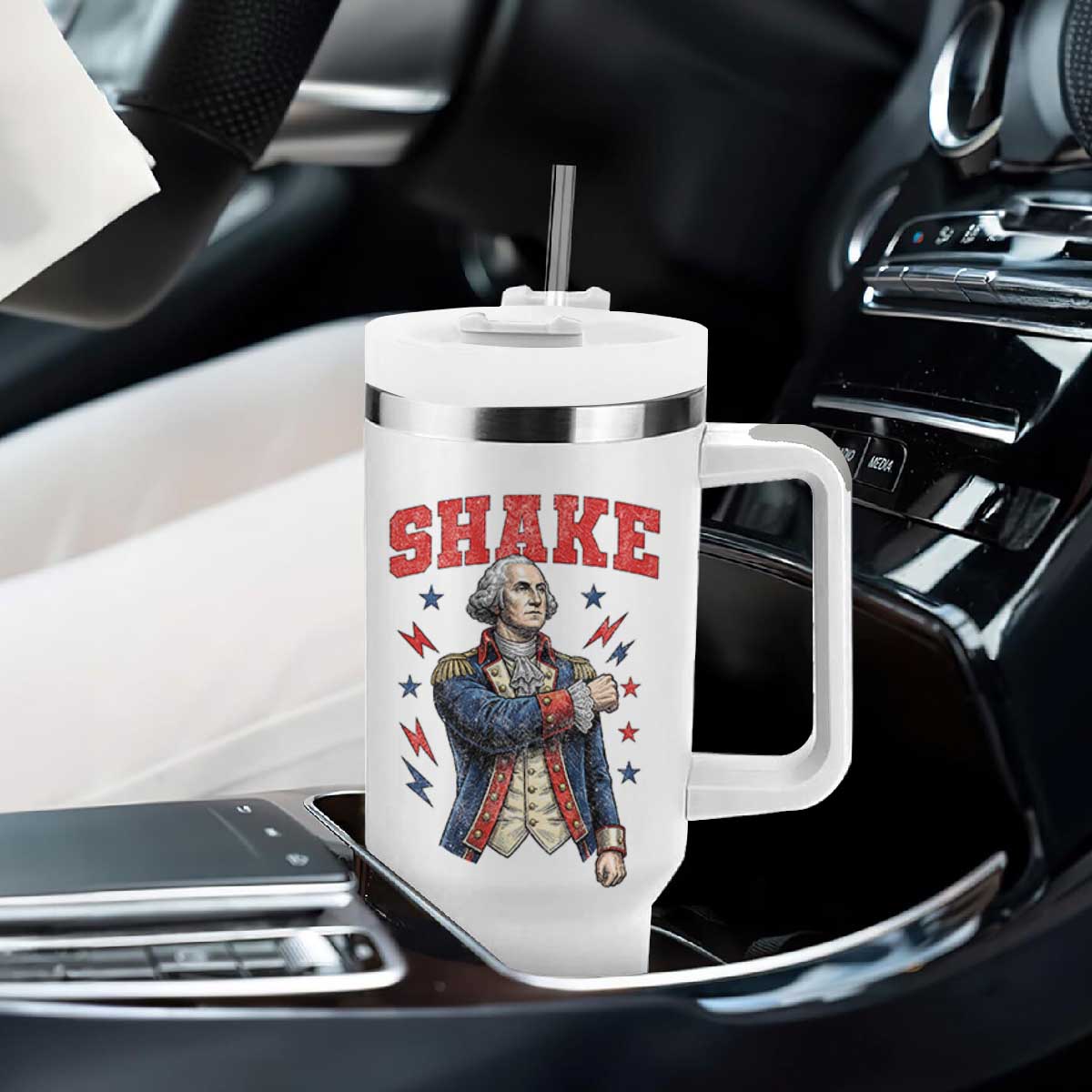 Shake Funny George Washington Patriotic Graphic Matching Tumbler With Handle Vintage Founding Father Distressed Stars and Lightning Bolts Dynamic Duo