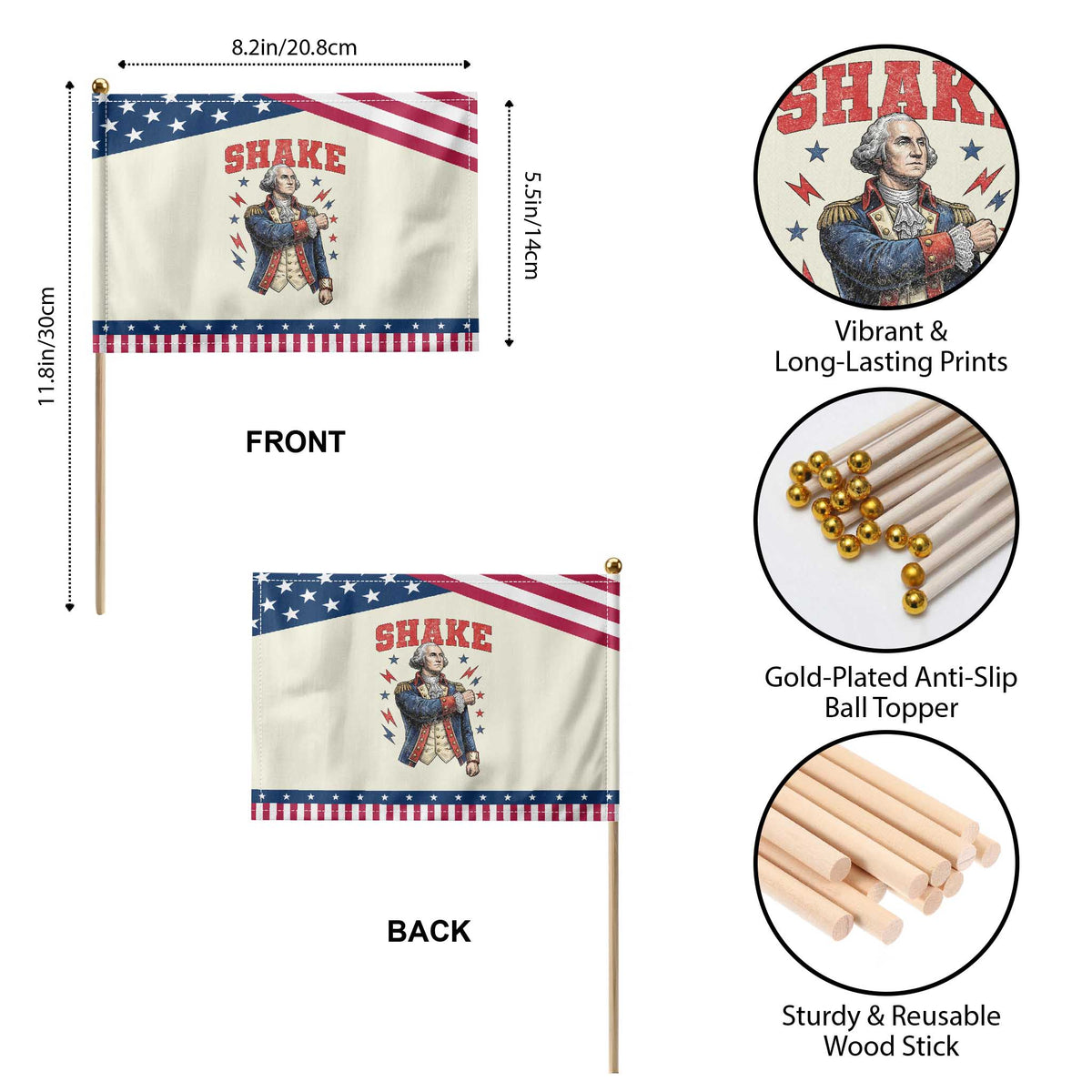 Shake Funny George Washington Graphic Matching Patriotic Handheld Flag Vintage Founding Father Distressed Stars and Lightning Bolts Dynamic Duo