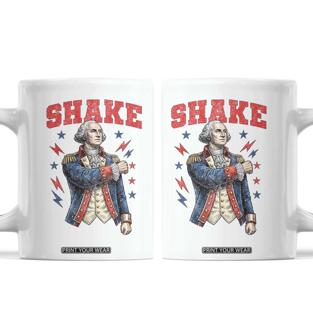 Shake Funny George Washington Patriotic Graphic Matching Coffee Mug Vintage Founding Father Distressed Stars and Lightning Bolts Dynamic Duo
