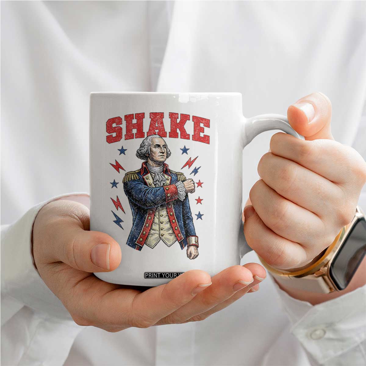 Shake Funny George Washington Patriotic Graphic Matching Coffee Mug Vintage Founding Father Distressed Stars and Lightning Bolts Dynamic Duo