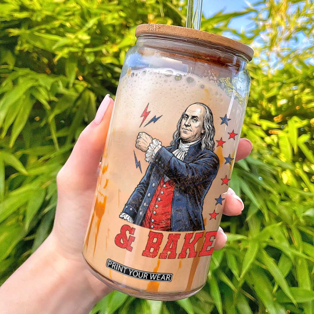 And Bake Funny Benjamin Franklin Patriotic Graphic Matching Glass Can Vintage Founding Father Distressed Stars and Lightning Bolts Dynamic Duo