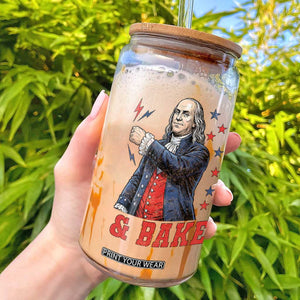 And Bake Funny Benjamin Franklin Patriotic Graphic Matching Glass Can Vintage Founding Father Distressed Stars and Lightning Bolts Dynamic Duo