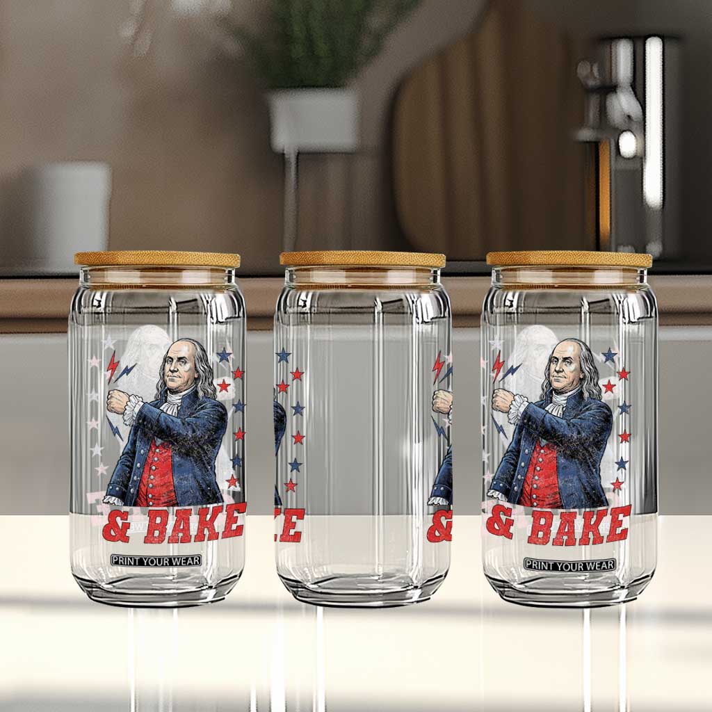 And Bake Funny Benjamin Franklin Patriotic Graphic Matching Glass Can Vintage Founding Father Distressed Stars and Lightning Bolts Dynamic Duo