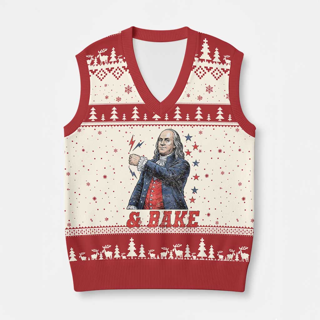 And Bake Funny Benjamin Franklin Patriotic Graphic Matching V-Neck Knit Sweater Vest Vintage Founding Father Distressed Stars and Lightning Bolts Dynamic Duo TS02 Beige Red Print Your Wear