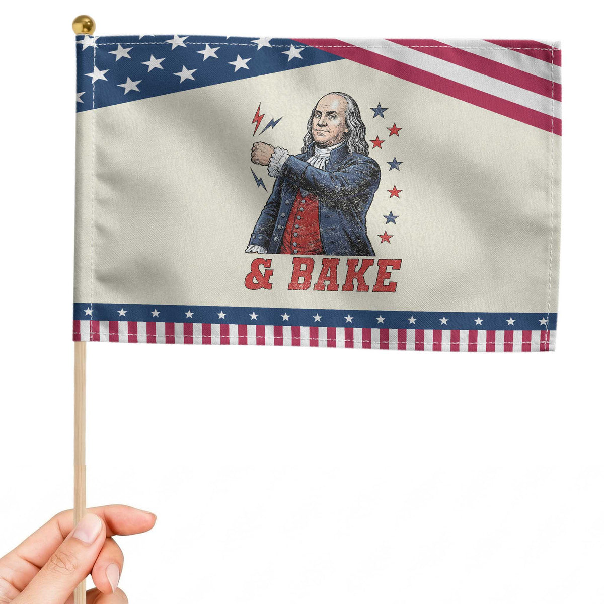 And Bake Funny Benjamin Franklin Graphic Matching Patriotic Handheld Flag Vintage Founding Father Distressed Stars and Lightning Bolts Dynamic Duo