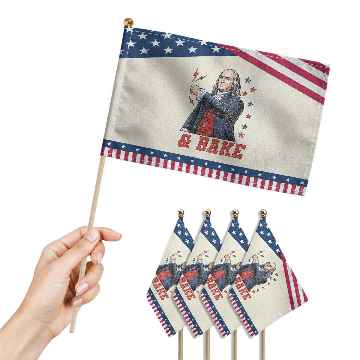 And Bake Funny Benjamin Franklin Graphic Matching Patriotic Handheld Flag Vintage Founding Father Distressed Stars and Lightning Bolts Dynamic Duo