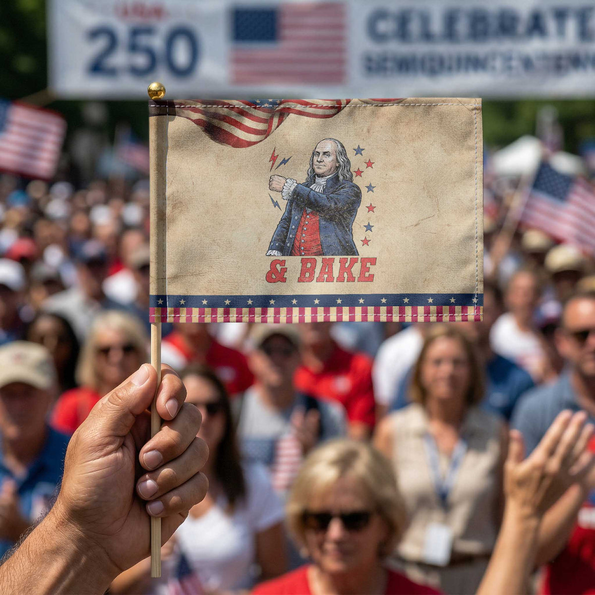 And Bake Funny Benjamin Franklin Graphic Matching Patriotic Handheld Flag Vintage Founding Father Distressed Stars and Lightning Bolts Dynamic Duo