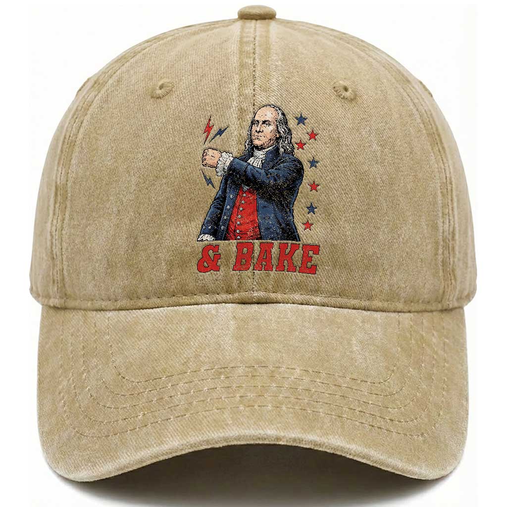 And Bake Funny Benjamin Franklin Patriotic Graphic Matching Washed Cotton Baseball Cap Vintage Founding Father Distressed Stars and Lightning Bolts Dynamic Duo