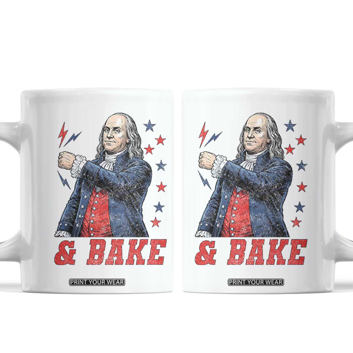 And Bake Funny Benjamin Franklin Patriotic Graphic Matching Coffee Mug Vintage Founding Father Distressed Stars and Lightning Bolts Dynamic Duo