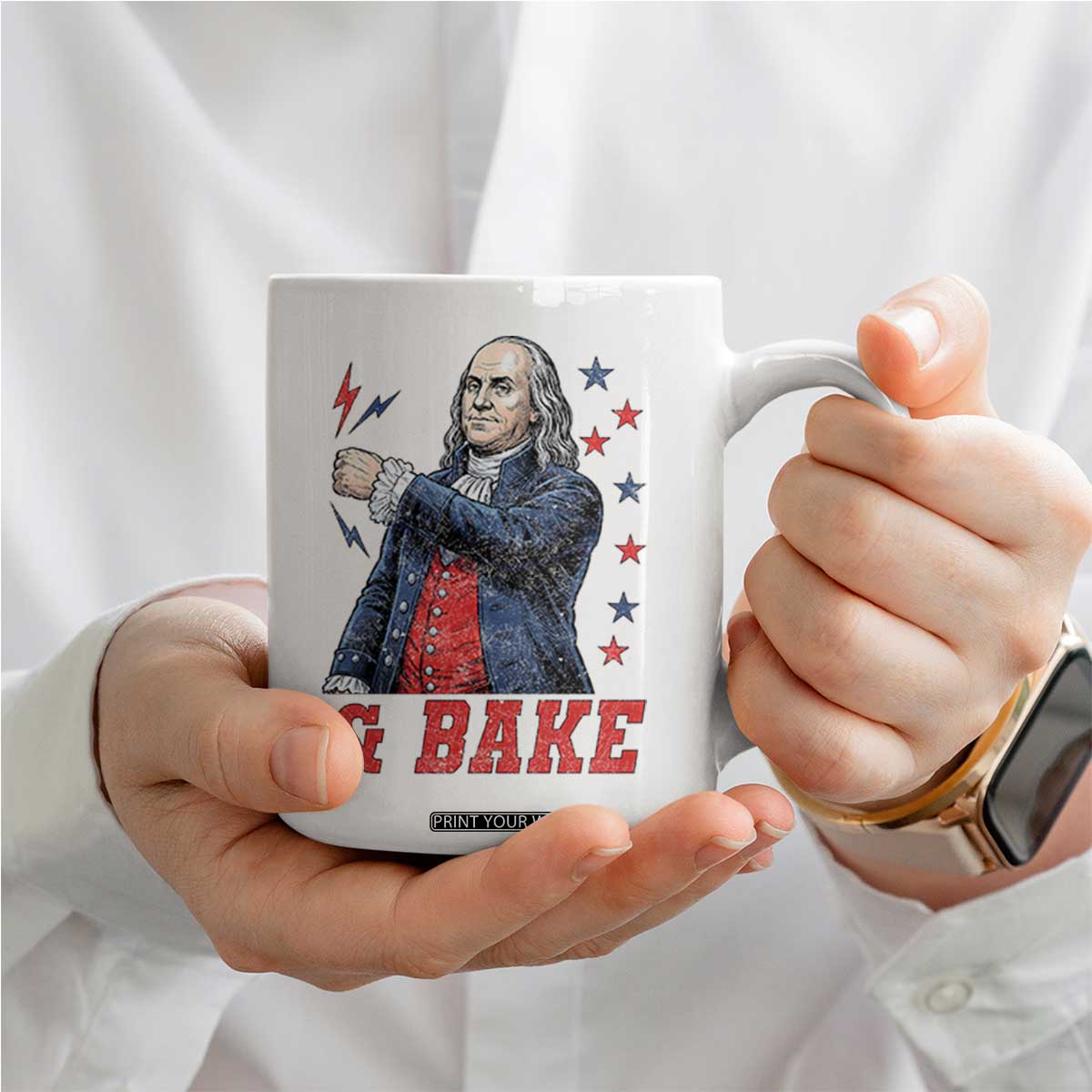 And Bake Funny Benjamin Franklin Patriotic Graphic Matching Coffee Mug Vintage Founding Father Distressed Stars and Lightning Bolts Dynamic Duo