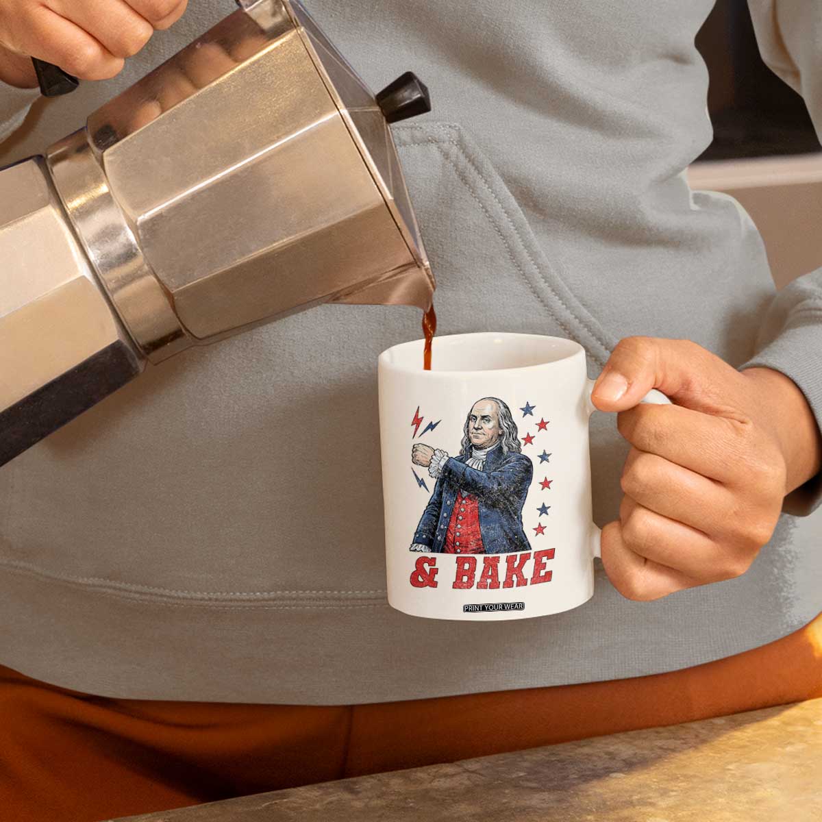 And Bake Funny Benjamin Franklin Patriotic Graphic Matching Coffee Mug Vintage Founding Father Distressed Stars and Lightning Bolts Dynamic Duo
