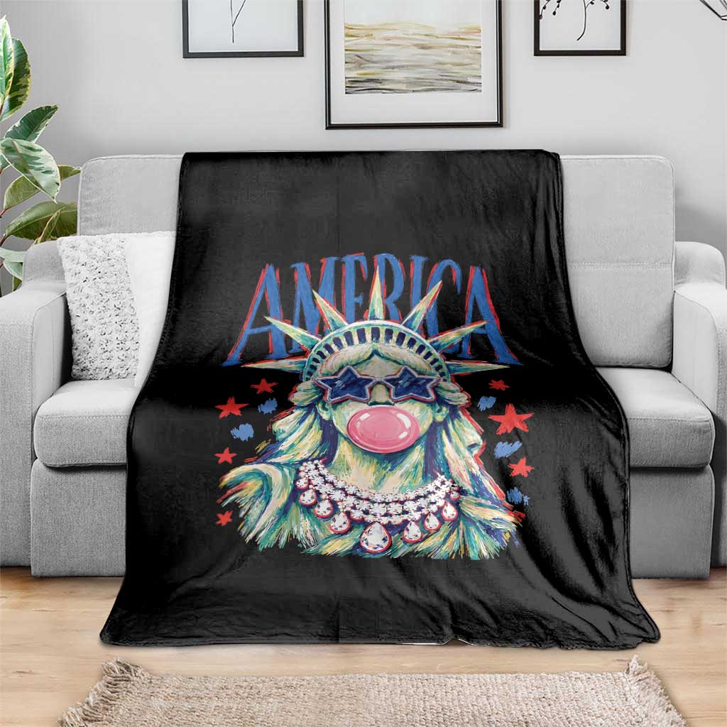 America Statue of Liberty Blowing Bubblegum Throw Blanket Star and Glasses Patriotic Summer Vibes Graphic