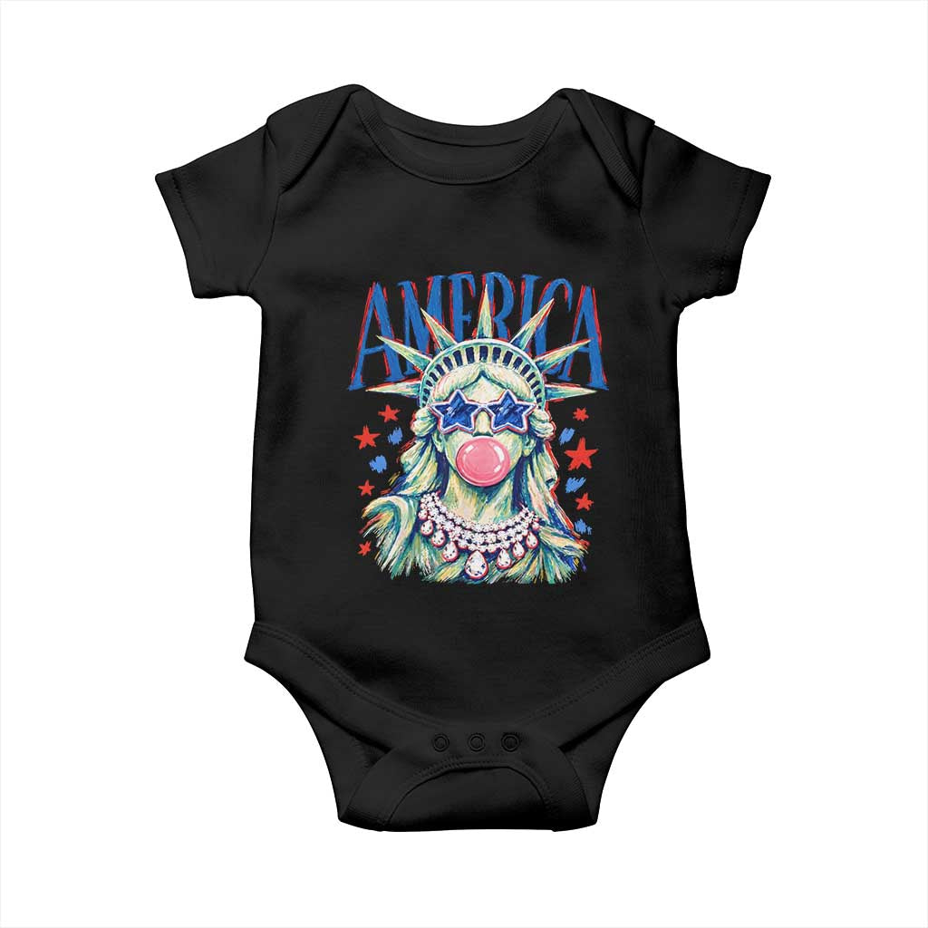 America Statue of Liberty Blowing Bubblegum Baby Onesie Star and Glasses Patriotic Summer Vibes Graphic TS02 Black Print Your Wear
