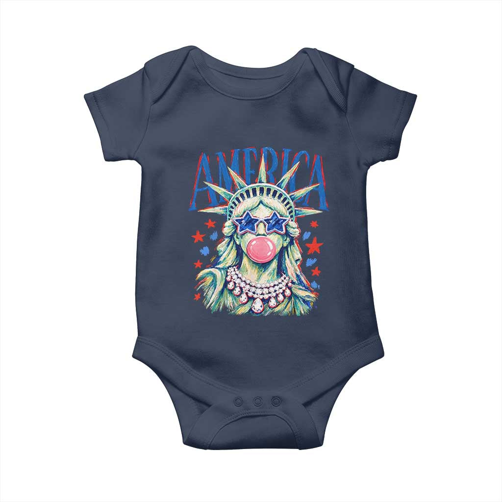 America Statue of Liberty Blowing Bubblegum Baby Onesie Star and Glasses Patriotic Summer Vibes Graphic