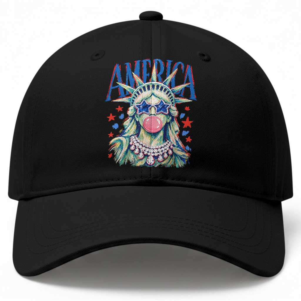 America Statue of Liberty Blowing Bubblegum Baseball Cap Star and Glasses Patriotic Summer Vibes Graphic