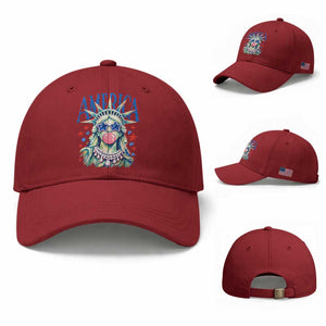 America Statue of Liberty Blowing Bubblegum Baseball Cap Star and Glasses Patriotic Summer Vibes Graphic