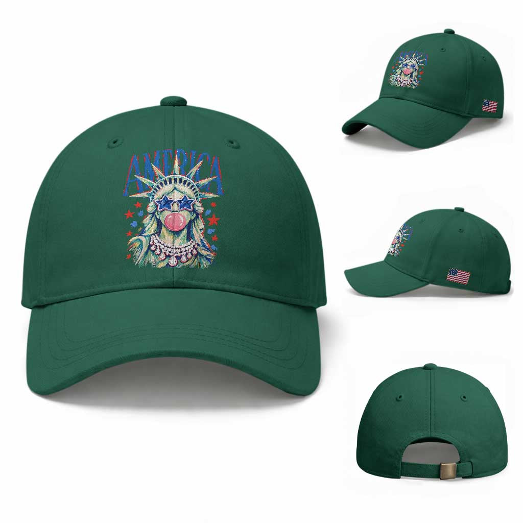 America Statue of Liberty Blowing Bubblegum Baseball Cap Star and Glasses Patriotic Summer Vibes Graphic