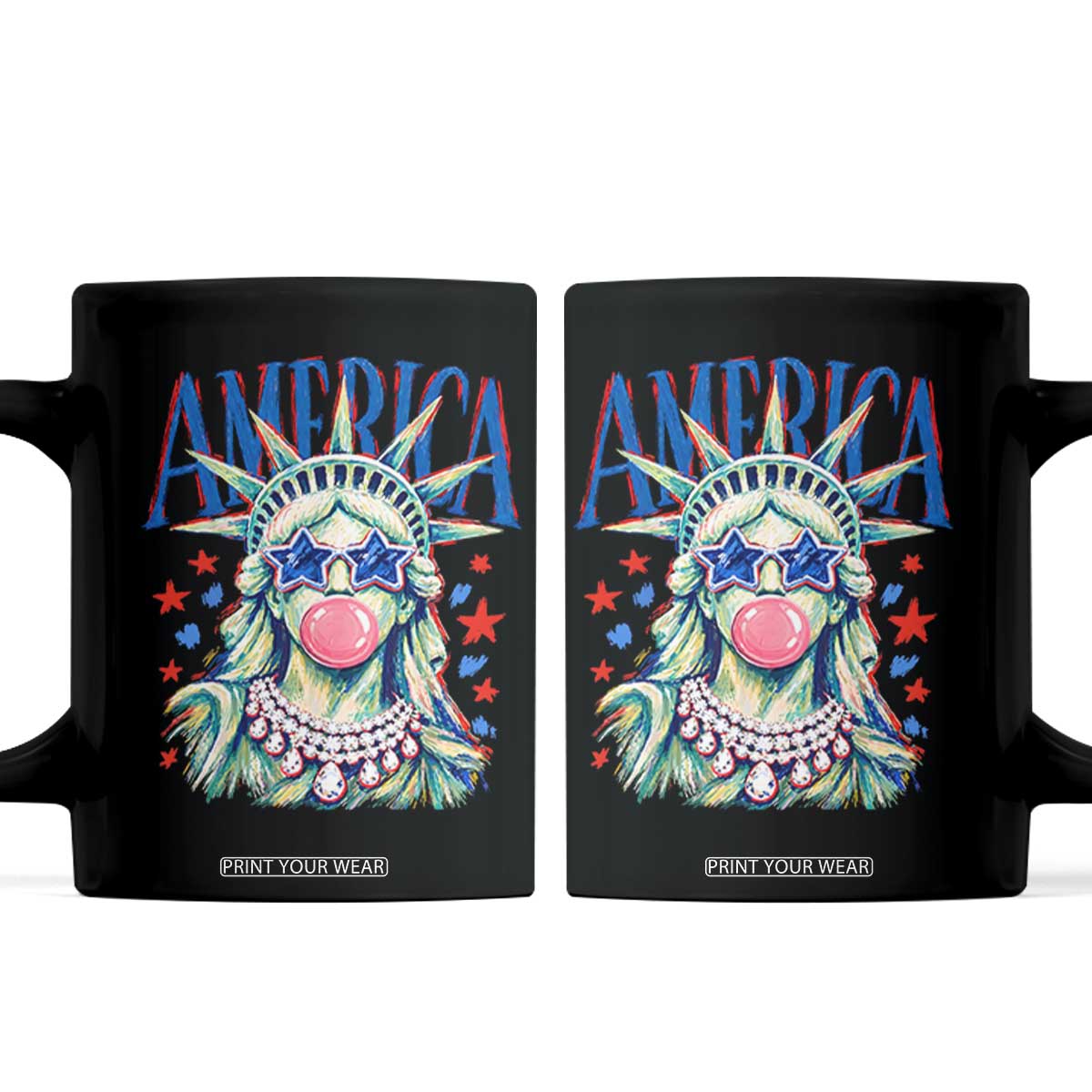 America Statue of Liberty Blowing Bubblegum Coffee Mug Star and Glasses Patriotic Summer Vibes Graphic