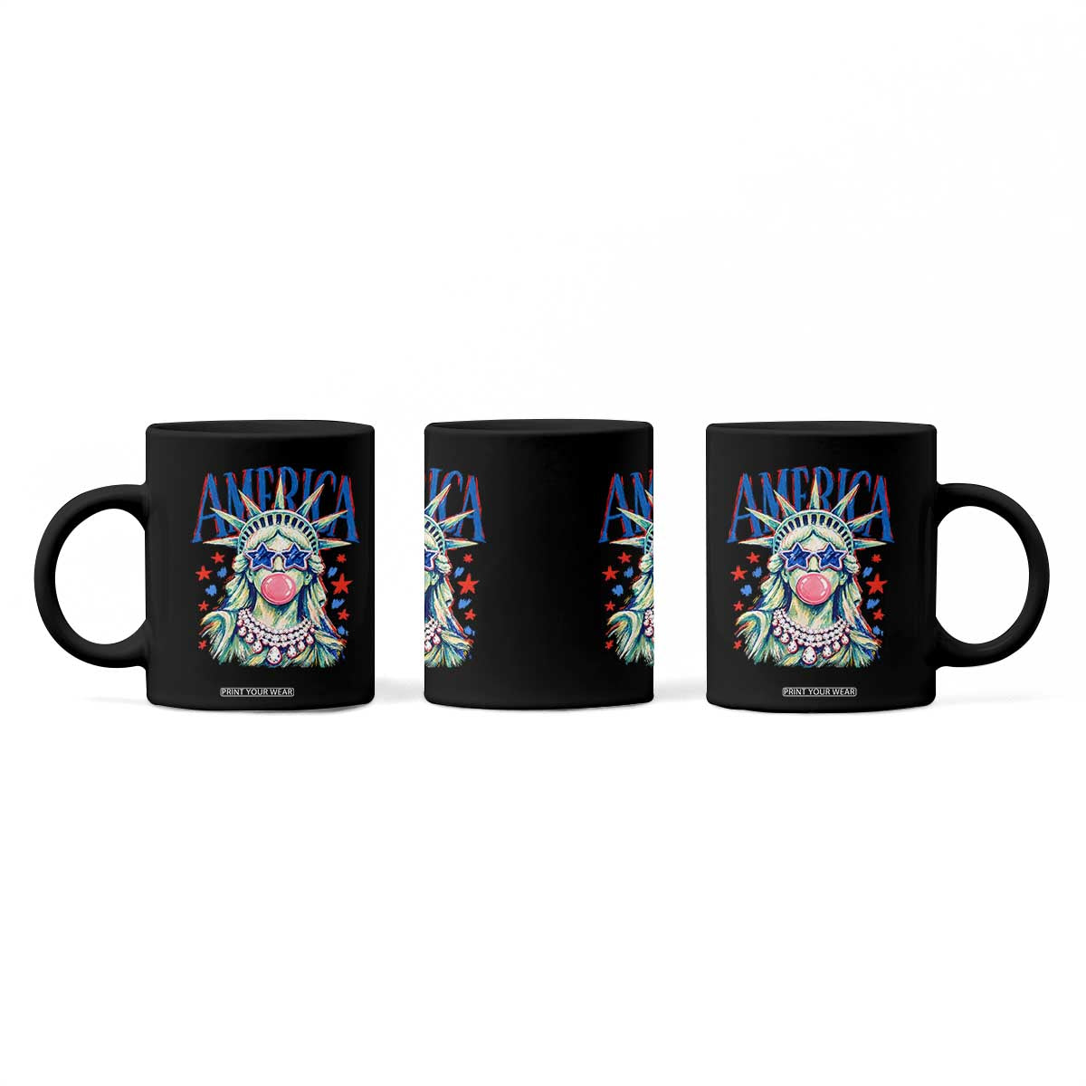 America Statue of Liberty Blowing Bubblegum Coffee Mug Star and Glasses Patriotic Summer Vibes Graphic