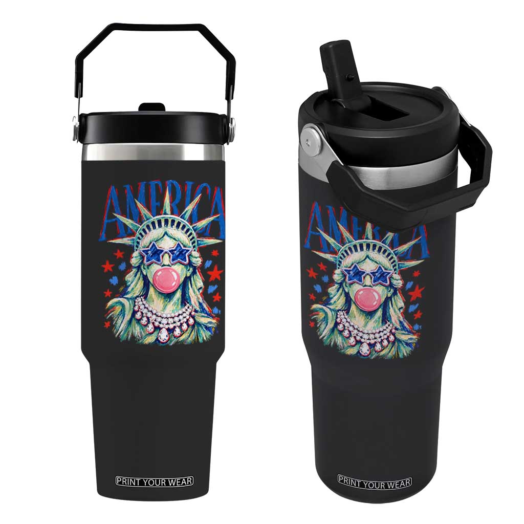America Statue of Liberty Blowing Bubblegum Flip Straw Tumbler Star and Glasses Patriotic Summer Vibes Graphic