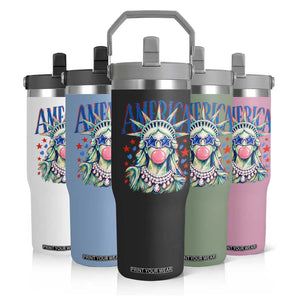 America Statue of Liberty Blowing Bubblegum Flip Straw Tumbler Star and Glasses Patriotic Summer Vibes Graphic