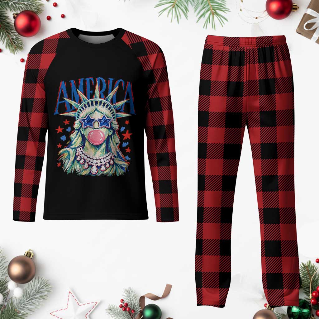 America Statue of Liberty Blowing Bubblegum Plaid Pajama Set Star and Glasses Patriotic Summer Vibes Graphic TS02 Buffalo Plaid Print Your Wear