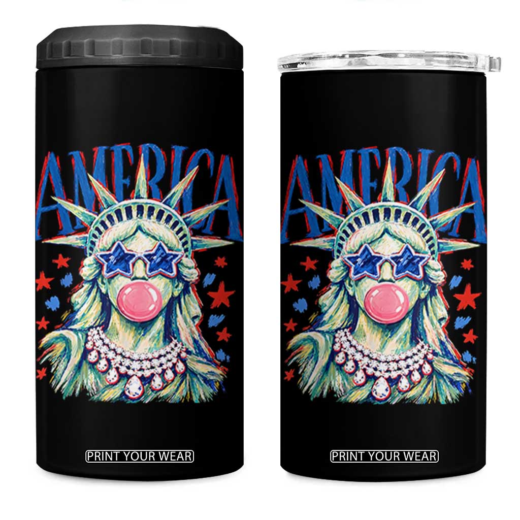 America Statue of Liberty Blowing Bubblegum 4 in 1 Can Cooler Tumbler Star and Glasses Patriotic Summer Vibes Graphic