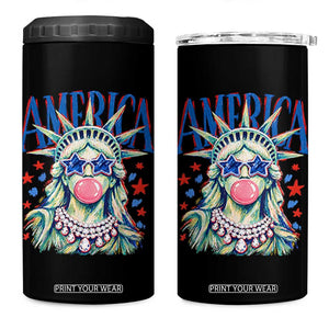 America Statue of Liberty Blowing Bubblegum 4 in 1 Can Cooler Tumbler Star and Glasses Patriotic Summer Vibes Graphic