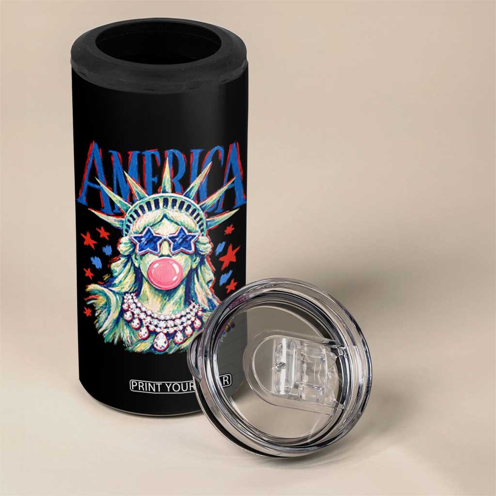 America Statue of Liberty Blowing Bubblegum 4 in 1 Can Cooler Tumbler Star and Glasses Patriotic Summer Vibes Graphic