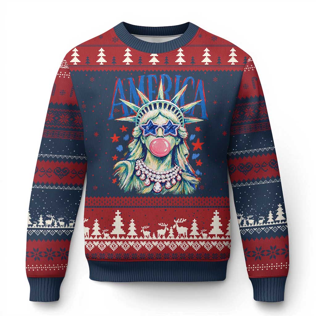 America Statue of Liberty Blowing Bubblegum Ugly Christmas Sweater Star and Glasses Patriotic Summer Vibes Graphic