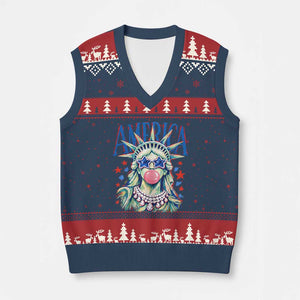 America Statue of Liberty Blowing Bubblegum V-Neck Knit Sweater Vest Star and Glasses Patriotic Summer Vibes Graphic