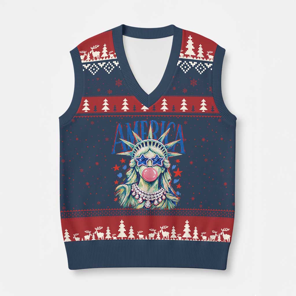 America Statue of Liberty Blowing Bubblegum V-Neck Knit Sweater Vest Star and Glasses Patriotic Summer Vibes Graphic TS02 Navy Red Print Your Wear